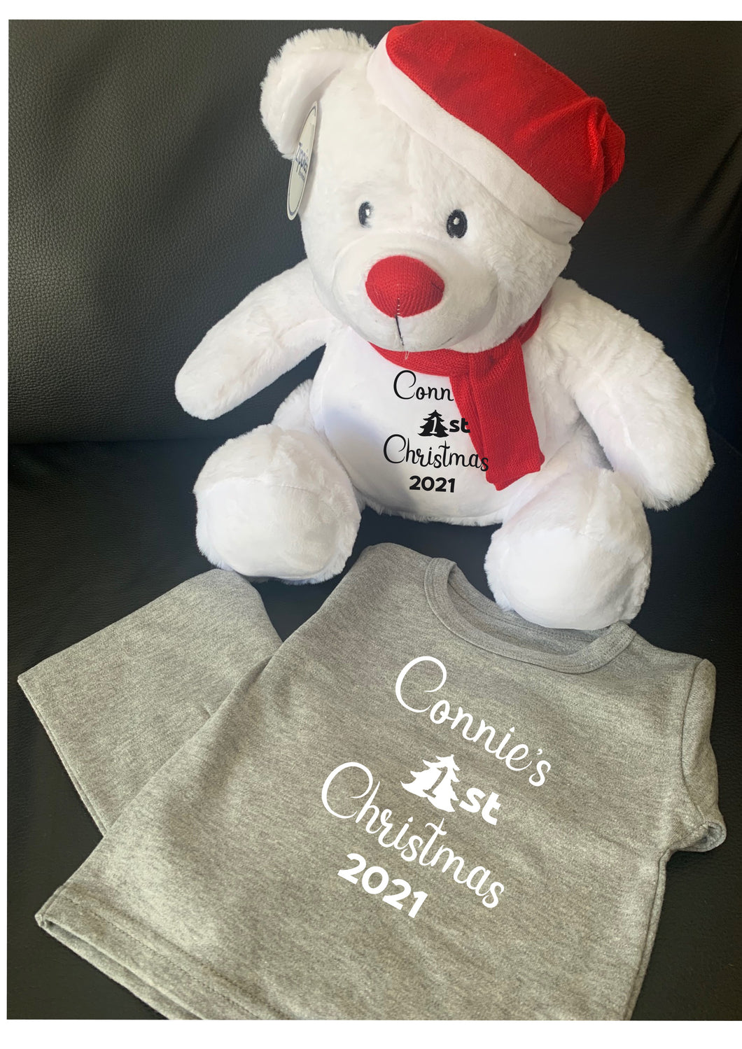 Personalised Christmas Eve pyjamas and matching teddy/pj case set - BEAR - 1st Christmas