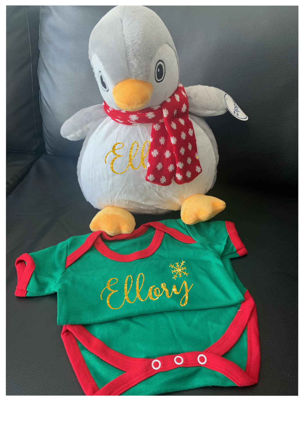 Personalised Christmas Eve VEST and matching teddy/pj case set - PENGUIN