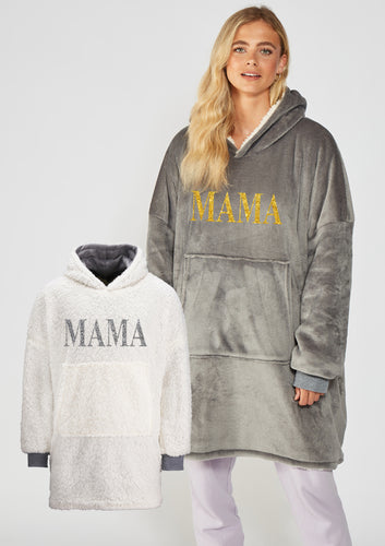 Grey/White Mama glitter print oversized cosy reversible sherpa hoodie