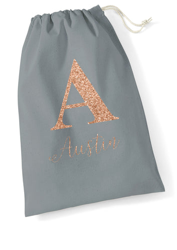 Personalised GREY santa sack - GLITTER name & initial - family set matching twinning