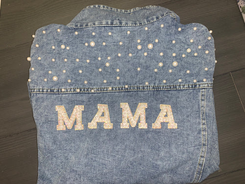 Mama pearl patches print denim jacket with pearl detail S-5XL mother's day mum