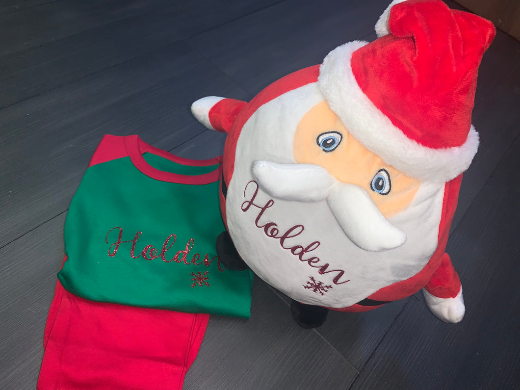 Personalised GLITTER Christmas Eve pyjamas and matching teddy/pj case set - SANTA