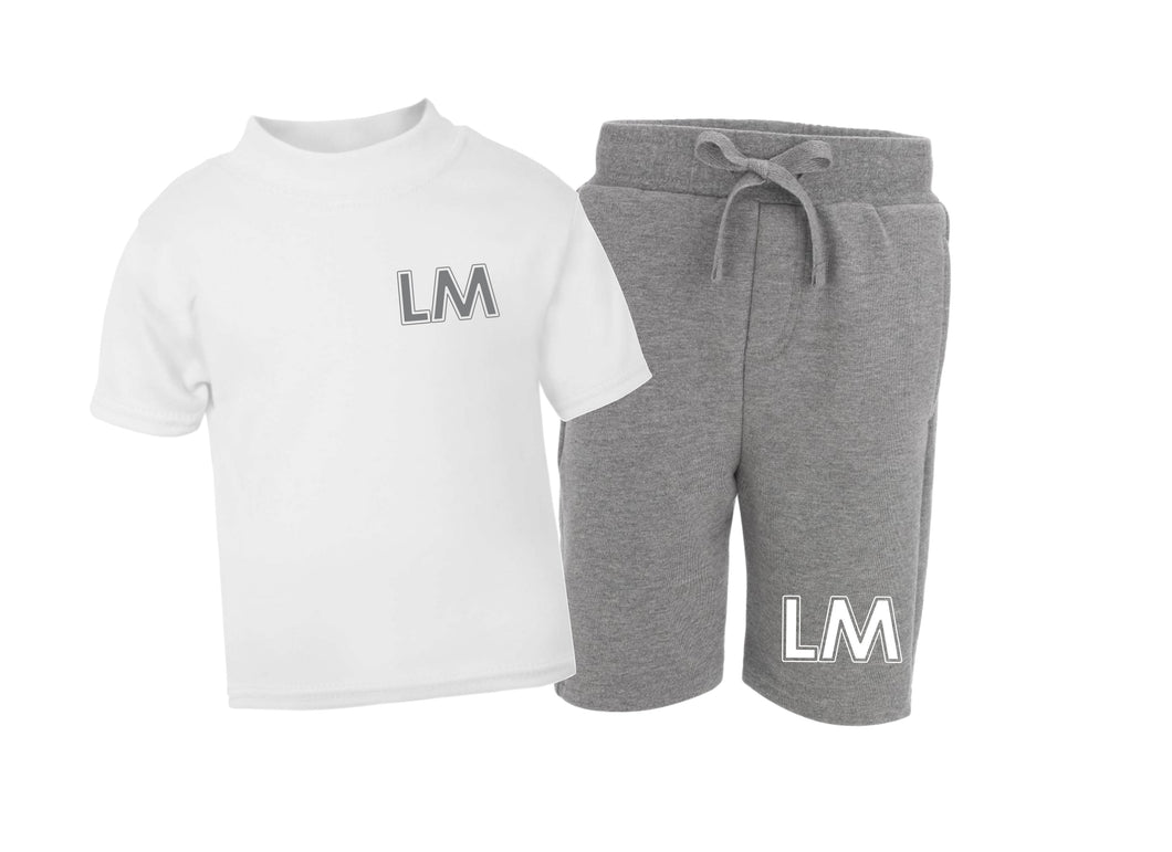 Personalised initials kids shorts & t-shirt set - twinning option - grey