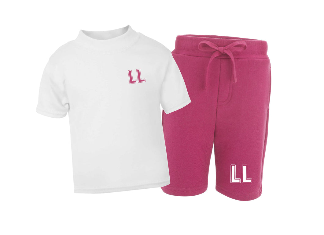 Personalised initials kids shorts & t-shirt set - twinning option - pink