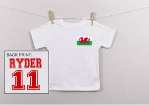 Personalised your name and number print kids football style t-shirt - WALES