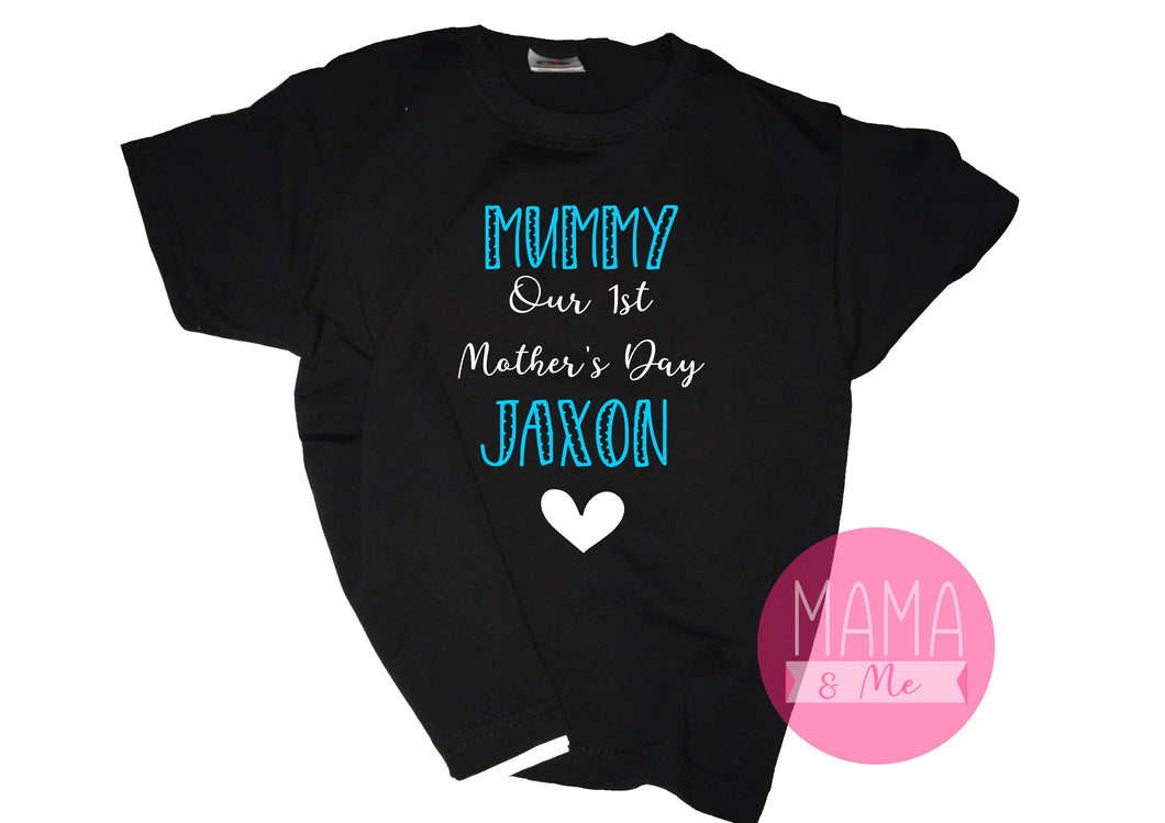 Personalised Our 1st Mother's Day - Mummy & Kids name print kids t-shirt - black