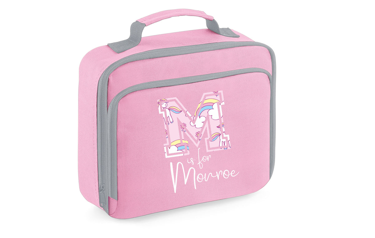 PERSONALISED: your initial is for name lunch bag box school nursery bag - unicorn print initial