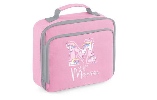 PERSONALISED: your initial is for name lunch bag box school nursery bag - unicorn print initial