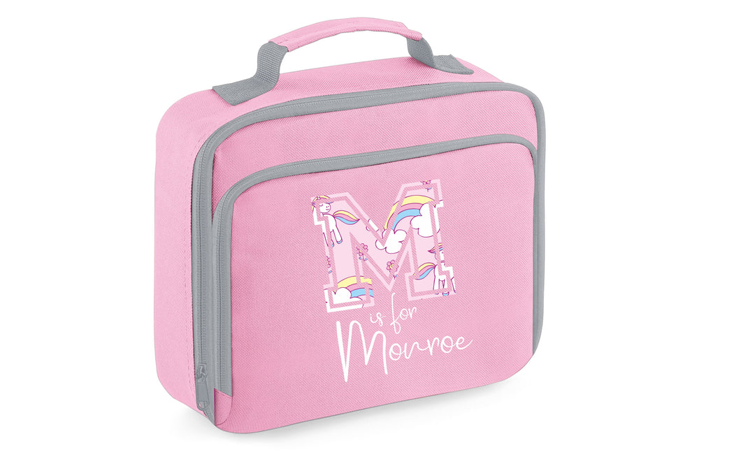 PERSONALISED: your initial is for name lunch bag box school nursery bag - unicorn print initial