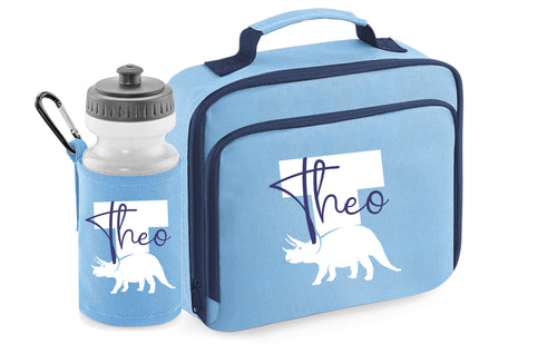 PERSONALISED: your name lunch bag box and water bottle school set gym pe nursery bag dino dinosaur initial name