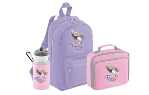 PERSONALISED: your name mini backpack back pack, lunch bag box and water bottle school set gym pe nursery bag mermaid your name - pink