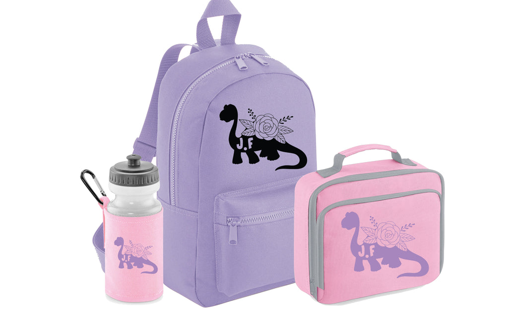 PERSONALISED: your name mini backpack back pack, lunch bag box and water bottle school set gym pe nursery bag dino dinosaur initial nam