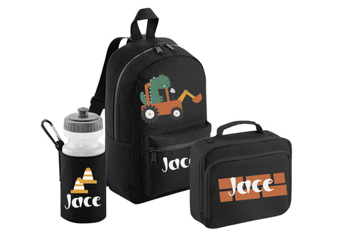 PERSONALISED: your name mini backpack back pack, lunch bag box and water bottle school set gym pe nursery bag dino DIGGER initial name