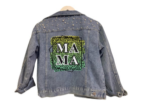 Mama yellow/green leopard print pearl detail denim jacket