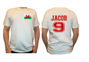 Personalised your name and number print mens football style t-shirt - WALES