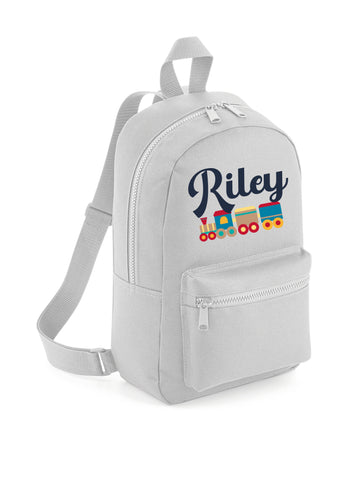 PERSONALISED: your name mini backpack back pack school set gym pe nursery bag - train transport vehicle- 10 colours