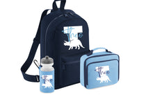 Load image into Gallery viewer, PERSONALISED: your name mini backpack back pack, lunch bag box and water bottle school set gym pe nursery bag dino dinosaur initial name