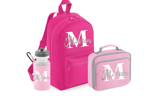 PERSONALISED: GLITTER your name, initial mini backpack back pack, lunch bag box and water bottle school set gym pe nursery bag - pink