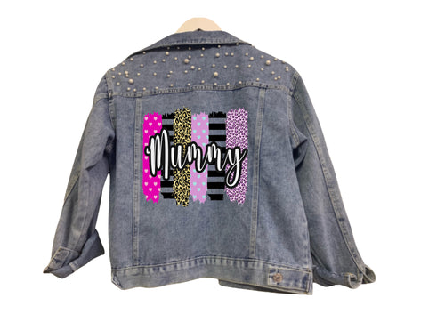 Mummy summer brush strokes print pearl detail denim jacket