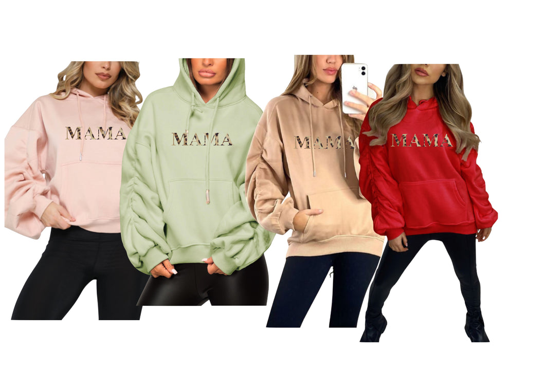 Mama leopard print Ladies oversized ruched sleeve hoody