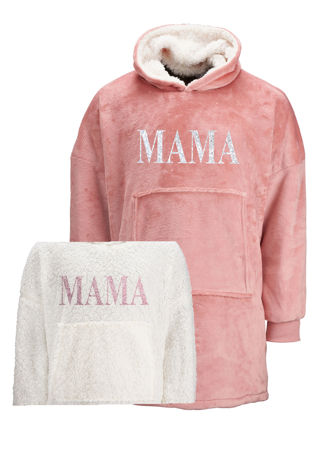 Pink/White Mama glitter print oversized cosy reversible sherpa hoodie