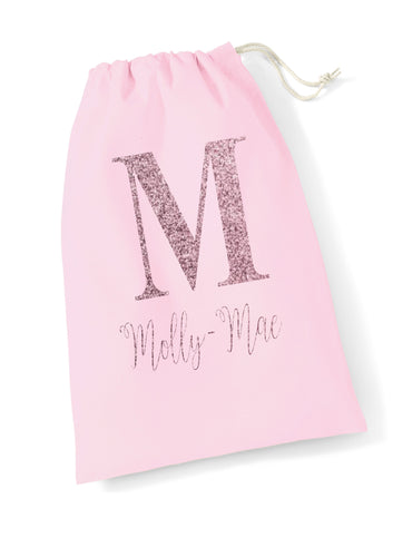 Personalised PINK santa sack - GLITTER name & initial - family set matching twinning