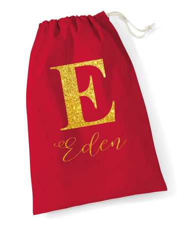 Personalised RED santa sack - GLITTER name & initial - family set matching twinning