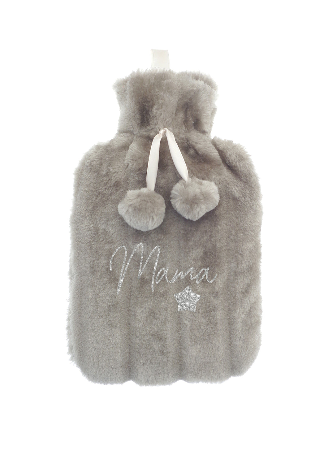 Taupe faux fur hot water bottle - glitter print Mama, star design