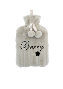 Winter white faux fur hot water bottle - glitter print Granny, star design