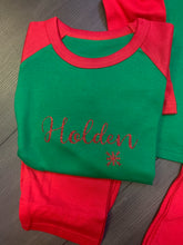 Load image into Gallery viewer, Personalised GLITTER Christmas Eve pyjamas and matching teddy/pj case set - SANTA