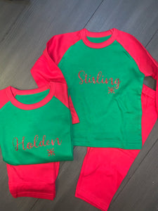 Personalised GLITTER Christmas Eve pyjamas and matching teddy/pj case set - SANTA